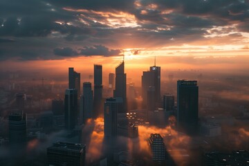 Aerial view of the skyline in the city center like Warsaw, Poland.