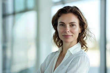 Portrait of a happy, attractive businesswoman in office, standing confidently. Successful female