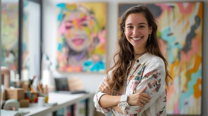 Portrait of a happy young woman. Artist in her studio, creating with confidence. Cheerful,