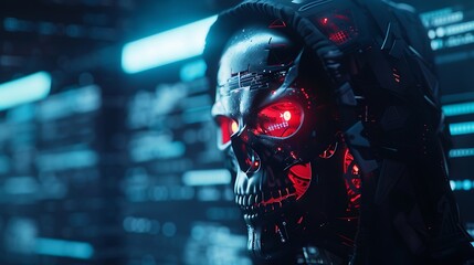 3D illustration of a cyborg skull with glowing red eyes. The skull is made of metal and has a circuit board pattern on the surface.