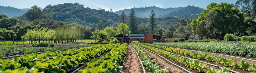 A lush green farm with rows of vegetables, a barn in the distance - obrazy, fototapety, plakaty