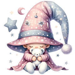 little gnome, watercolor cute gnome, baby sleepy