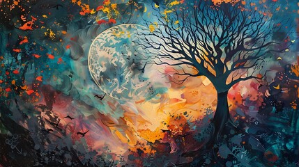 This is a beautiful painting of a tree with a large moon in the background. The tree is bare, with gnarled branches reaching out towards the sky. - obrazy, fototapety, plakaty