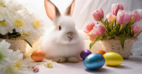 Lovely bunny easter fluffy baby rabbit with a basket full of colorful easter eggs. Beautiful Easter card. Generative AI - 797916277