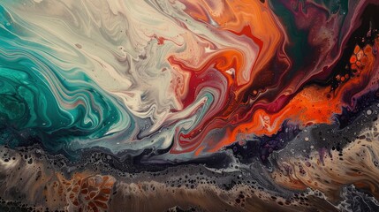 Obraz premium An abstract painting of red, orange and blue swirling paint resembling an ocean wave, with white waves and foam on top. The background is a gradient from dark to light gray