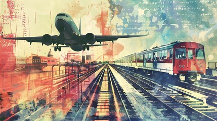 This is an illustration of different modes of transportation. There is an airplane taking off, a train on a track, and a car on a road. - obrazy, fototapety, plakaty