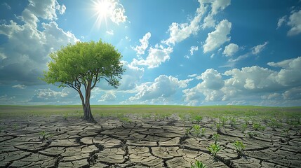 A lush green tree stands in a field of dry, cracked earth.