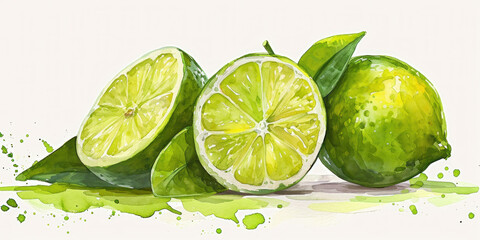 Watercolor painting of fresh green limes with paint splatters on a bright white background
