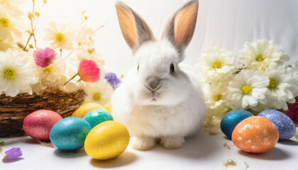 Lovely bunny easter fluffy baby rabbit with a basket full of colorful easter eggs. Beautiful Easter card. Generative AI - 797916857