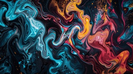 An abstract pattern of swirling colors and shapes, resembling the fluidity found in marble swirls or oil paint splashes