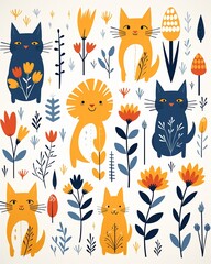 Childstyle colorful big cats, garden flowers, simple line pattern, flat graphic on white background ,  repeating pattern drawing