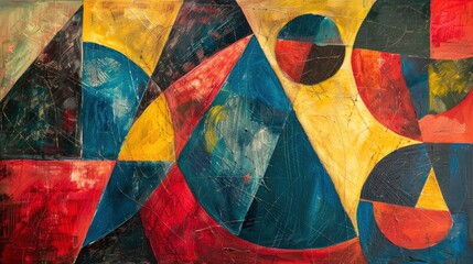 An abstract painting of red, yellow and blue shapes on canvas in oil paint, in the expressionist style with loose brushwork, modern art