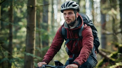 A young male adventurer rides a mountain bike through the forest.
