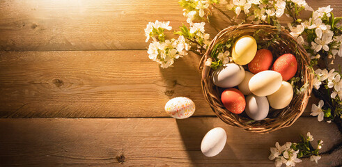 Easter eggs in a basket on a wooden table with spring flowers, cherry branch. Copy place. Top view. . Easter card and banner. Generative AI - 797917286