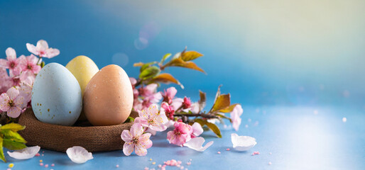 Easter colorful eggs in a nest on a blue table with spring flowers, cherry branch. Copy place. Easter card and banner. Generative AI. - 797918203