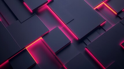 Abstract 3D rendering of a dark geometric background with glowing pink neon lights. Futuristic technology or gaming concept.