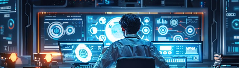 A man sits at a computer terminal in a futuristic control room and looks at multiple screens with graphs and data. - obrazy, fototapety, plakaty