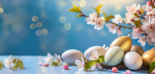 Easter colorful eggs in a nest on a blue table with spring flowers, cherry branch. Copy place. Easter card and banner. Generative AI. - 797918866