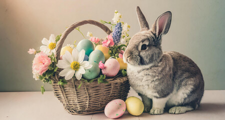 Lovely bunny easter fluffy baby rabbit with a basket full of colorful easter eggs. Beautiful Easter card. Generative AI - 797919233