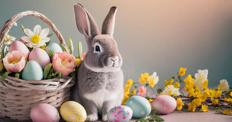 Lovely bunny easter fluffy baby rabbit with a basket full of colorful easter eggs. Beautiful Easter card. Generative AI - 797919407