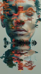 Surreal fusion portrait: human face with oriental landscape. Surreal vertical portrait blends a human face with oriental buildings and trees using double exposure technique