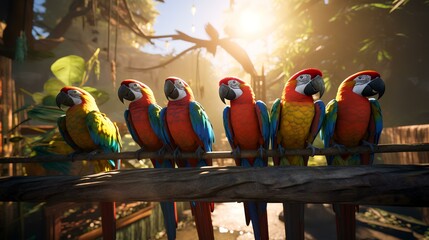 Colorful macaws in the aviary at sunset, Thailand.