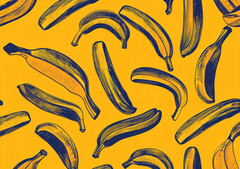 Ripe bananas with colorful lines on yellow background for vibrant and playful fruit concept