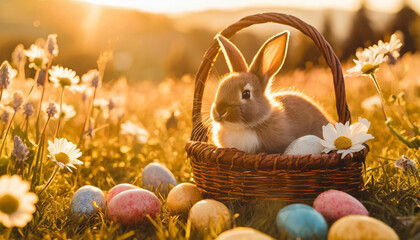 Easter cute bunny on the spring grass with a basket of colorful Easter eggs. Rays of sunlight in the background. Generative AI. - 797919872