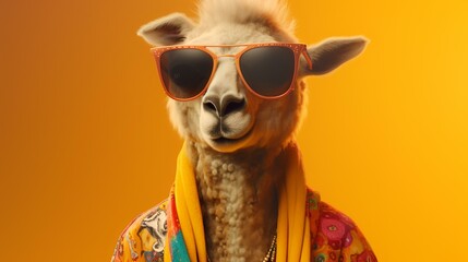 Fototapeta premium Llama wearing sunglasses and a scarf on a yellow background.