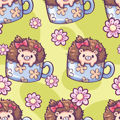 Seamless pattern of a cute little hedgehog in a coffee mug. This illustration is cute and sweet. Pattern for fabric and wrapping paper, Pattern for design wallpaper and fashion prints.