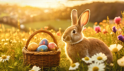 Easter cute bunny on the spring grass with a basket of colorful Easter eggs. Rays of sunlight in the background. Generative AI. - 797920036