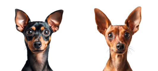 Portrait of cute brown and black miniature pinscher puppies isolated on white or transparent background