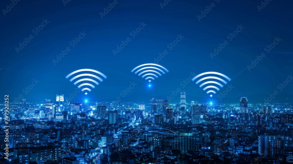 Poster Modern city with wireless network connection and city scape concept.Wireless network and Connection technology concept with city background at night.