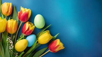 Easter colorful eggs with spring tulips flowers. Copy place. Top view. Beautiful Easter card and holiday banner. Generative AI - 797920203