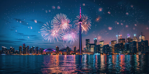 Colorful Fireworks Display Illuminating the Toronto Skyline and Waterfront at Night