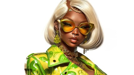 Obraz premium beautiful girl with shoulder length blonde hair, wearing a yellow and green leather jacket, golden sunglasses, yellow earrings, and a yellow shirt against a white background