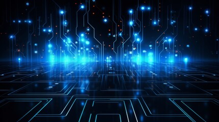 This illustration displays neon circuit board pathways, representing data flow and electronic connectivity