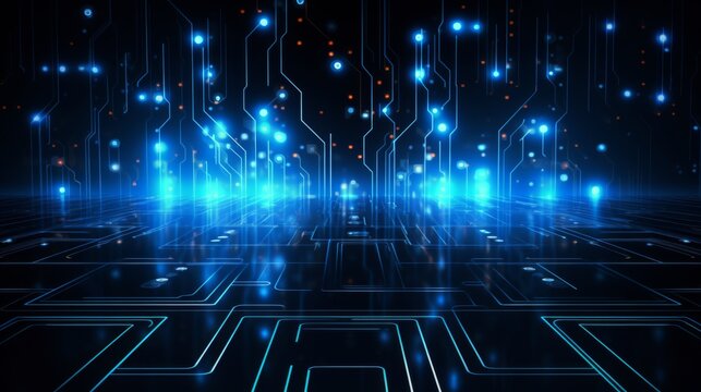 This illustration displays neon circuit board pathways, representing data flow and electronic connectivity - Powered by Adobe