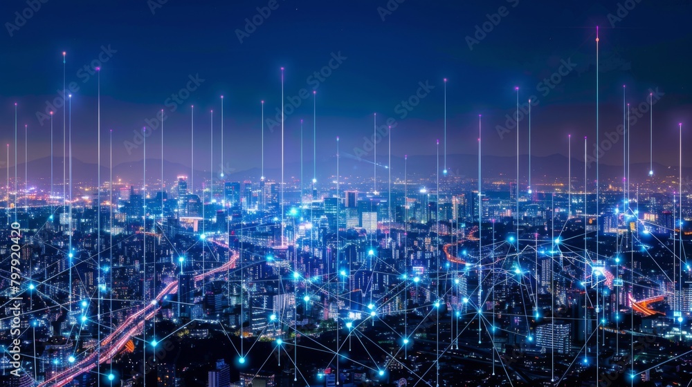 Poster Modern city with wireless network connection and city scape concept.Wireless network and Connection technology concept with city background at night.