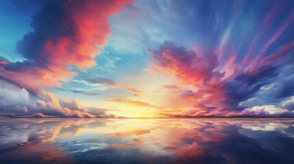 Fototapeta premium An artistic depiction of a sunset with dramatic clouds reflected on a serene water surface, invoking a sense of calm and wonder