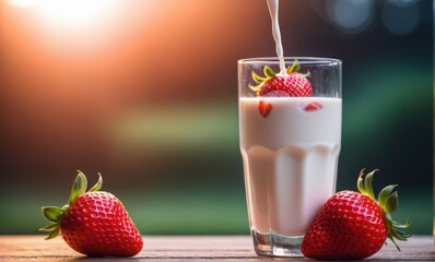 Strawberry in a glass of milk with copy space, a healthy food drinks concept 