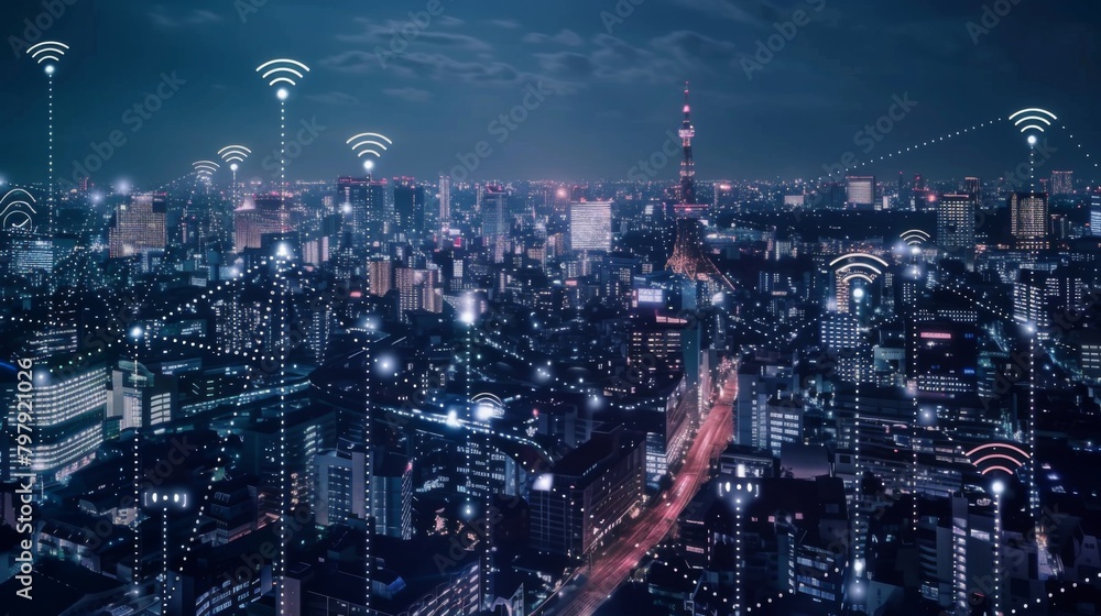 Poster modern city with wireless network connection concept