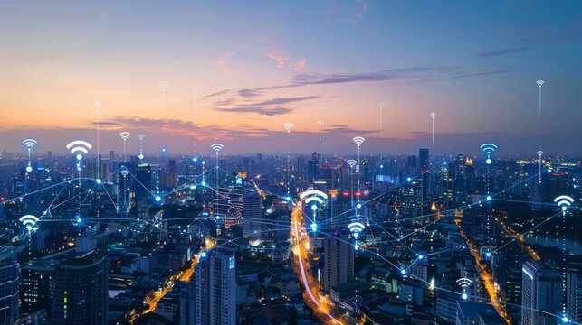 Modern city with wireless network connection concept
