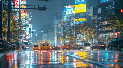 Reflection of rain, city of Tokyo Japan
