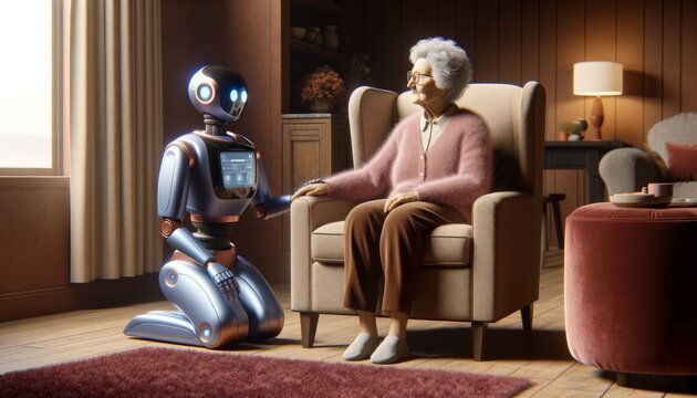 A robot is touching an elderly woman's hand. The robot is designed to help the elderly woman with daily tasks
