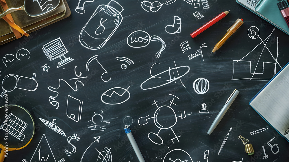 Poster return to school concept with a chalkboard background. decorated with sketches of math symbols and i