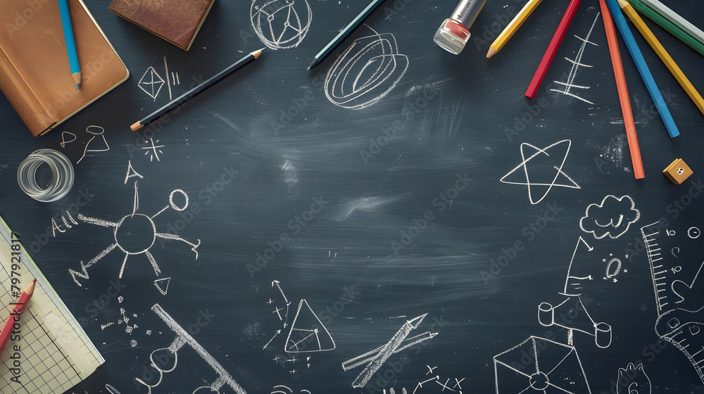 Poster school-themed background with a chalkboard and doodles of math symbols and icons. great for online l