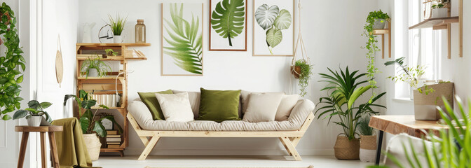 A bright and airy living room with wooden furniture, green accents, plants on shelves, white walls, and posters of nature scenes