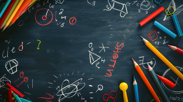 School-themed background with a chalkboard and doodles of math symbols and icons. great for online learning or class composition concepts.