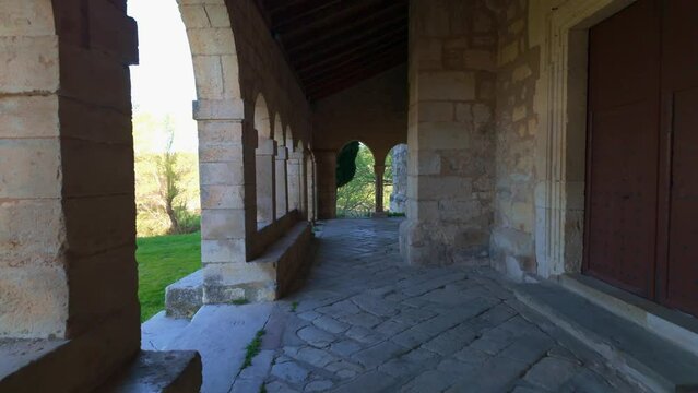 Stone arch facade in the Romanesque church of Tamajon, Guadalajara, Spain.